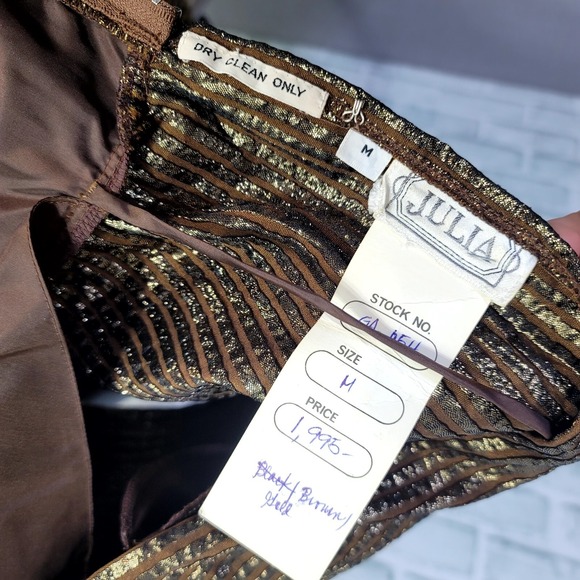 Vintage 70s Julia Womens M Brown Gold Taffeta Ribbed Dolman Sleeeve Disco Dress - Picture 12 of 14